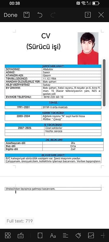 is axtariram bag evinde: Xidmət: Peşəkar sürücü Təcrübə: - 2007–2025: Özəl sektorlarda sürücü — 1