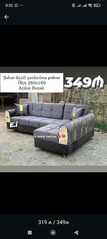 Divanlar: Künc divan – açılan, bazalı model - Ölçü: 260 x 160 sm - Şəhərdaxili — 1
