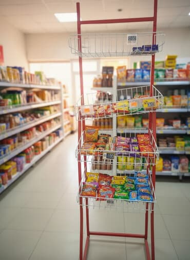 qelyan arenda: Mağaza üçün metal vitrin stendləri - Məhsul tipi: Tel səbətli metal — 1