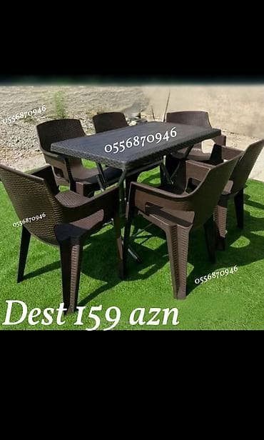 Həyət/bağ üçün mebel dəsti: - Komplekt: 1 masa + 6 stul - Masa ölçüsü