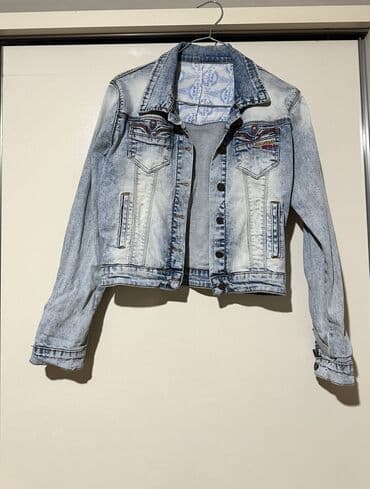 Другая женская одежда: Qadınlar üçün cins gödəkçə - Rəng: açıq yuyulmuş mavi - Kəsim: crop — 1