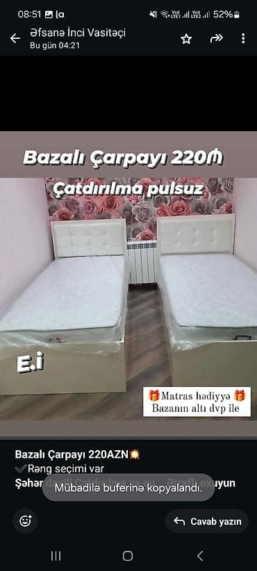 islenmis matras: *Bazalı Çarpayı 220AZN💥* ✔️Rəng seçimi var *Şəhər daxili Çatdırılma — 1