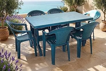 lokbatanda satilan heyet evleri: Новый, Прямоугольный стол, 6 стульев, Раскладной, Со стульями, Пластик — 2