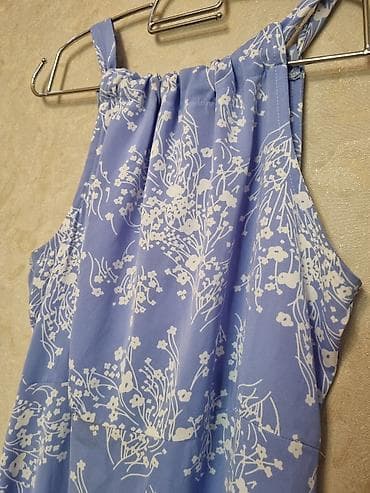 don modeleri: Mavi rəngli, uzun yay donu - Naxış: ağ çiçək printi - Model: halter — 4