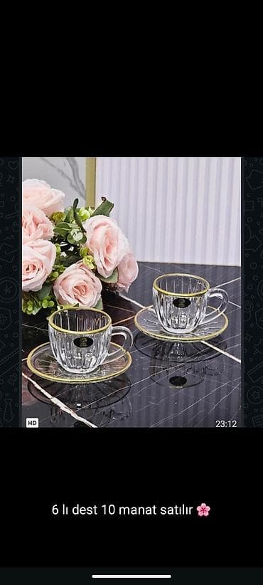 fincan destleri: Çay dəsti, rəng - Qızılı, Şüşə, 6 nəfərlik — 1