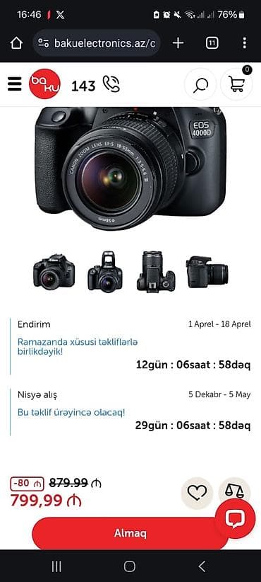go pro qiyməti: Canon EOS 4000D (EF-S 18-55mm III Kit) - 18.0 MP APS-C CMOS sensor - — 4