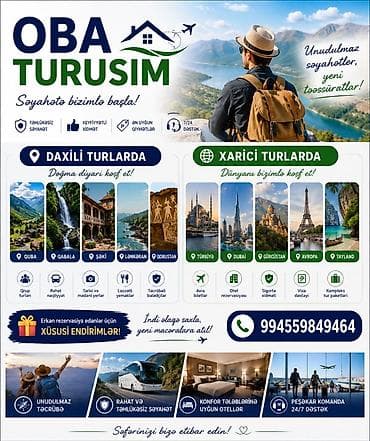 Turizm: OBA Turizm – səyahətini bizimlə başla! Xidmətlər: - Daxili turlar — 1