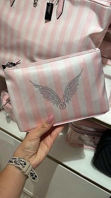 portmane: Zolaqlı kosmetik çanta - Rəng və dizayn: Açıq çəhrayı-ağ şaquli — 2