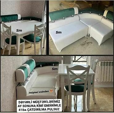 masa ve oturacag: Mətbəx künc dəsti - Komplekt: L formalı yumşaq künc divanı, ağ masa — 2