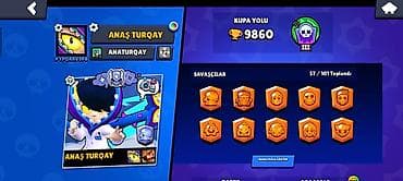 muncuq desti: Brawl Stars hesabı – trofey yolu 9860, profil səviyyəsi 9+, hesab adı — 7