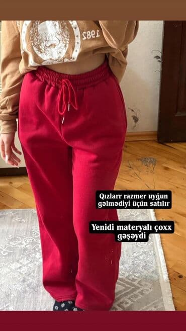 i̇dman qadın ətəkləri: Qırmızı rəngli qadın şalvarı – yumşaq və rahat trikotaj/parça — 1