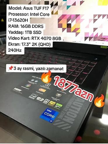 plaşdeşin 3: İşlənmiş ASUS TUF Gaming, 17.3 ", Intel Core i7, 1 TB — 1