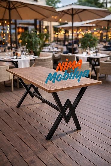 mebillər: Kafe və restoran masaları – taxta görünümlü üstlük, metal baza — 2