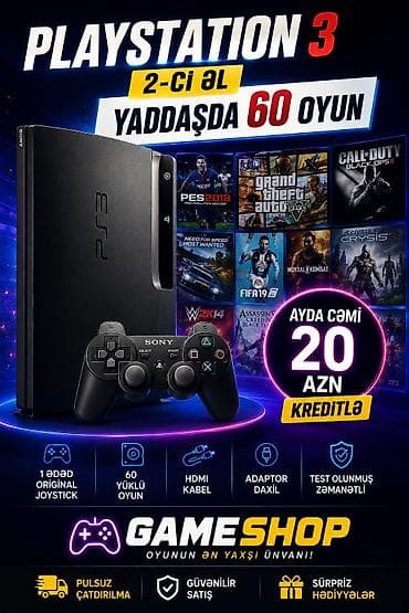 PlayStation 3 – 2-ci əl Yaddaşda 60 oyun yüklü Komplekt: - 1 ədəd