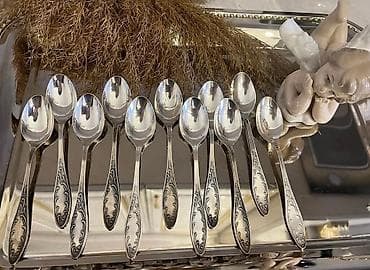 Qaşıqlar: Melxior 11 ədəd çay qaşığı. Ölçü: uzunluq 14 sm Qiyməti: 11 ədədi 40 — 1