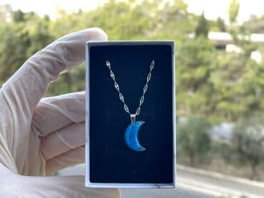 Saç aksesuarları: Göy rəngli aypara asqılı zəncir Aypara formalı epoksi boyunbağı Zərif — 3