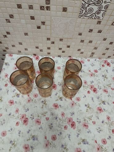 Çaydanlar və qəhvədanlar: Stəkanlar, rəng - Qızılı, Şüşə, 6 ədədli dəst, 200 ml, SSRİ — 3