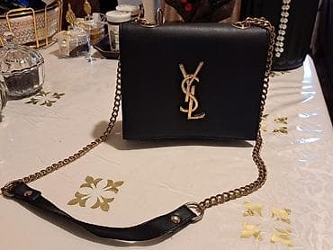 mini çanta: - Brend tərzli qara çiyin çantası - Qapağın önündə qızılı rəngli “YSL” — 1