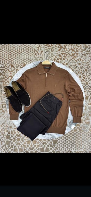 черные мужские кардиганы: Kişi geyim dəstləri - Zippeli polo sviterlər: isti kərpic/qəhvəyi — 3