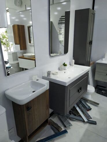 ucuz moyka: Ağ rəngli keramika lavabo və boz rəngli şkafdan ibarət hamam mebeli — 2