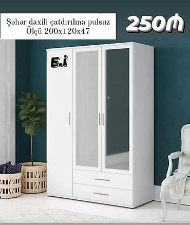 dolab termo: Ağ rəngli üç qapılı paltar dolabı - Ölçü: 200 x 120 x 47 sm (şəkildə — 1