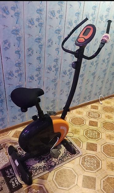 Qara və narıncı rəngdə olan stasionar velosiped. Üzərində məlumatları