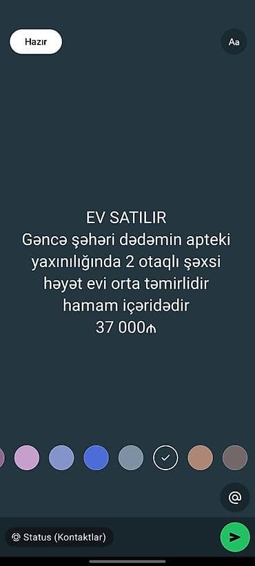 evl: EV SATILIR Mekan: Gəncə şəhəri, “Dədəmin apteki” yaxınlığı Tip: Şəxsi — 1