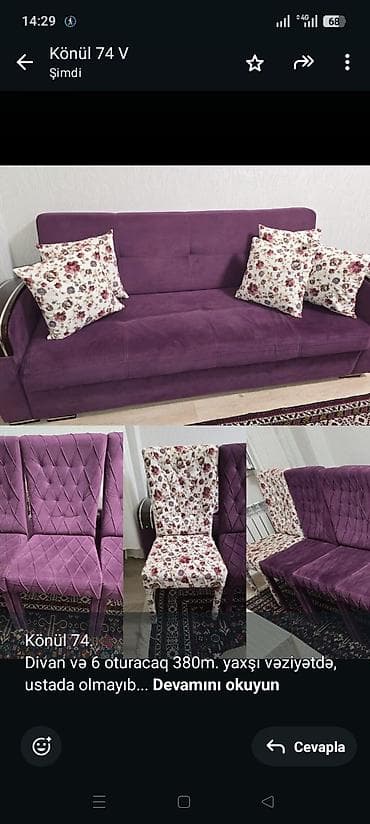 Könül 74. Divan və 6 oturacaq 380m. yaxşı vəziyətdə, ustada olmayıb lalafo.az -da Könül 74. Divan və 6 oturacaq 380m. yaxşı vəziyətdə, ustada olmayıb