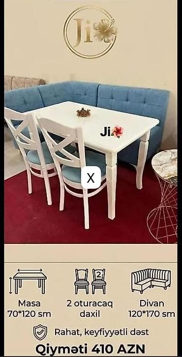 Divan və masa dəstləri: Mətbəx/Qonaq otağı üçün rahat dəst Tərkibi: - Masa: 70×120 sm, ağ — 1