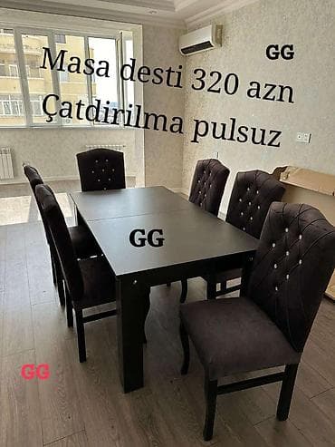 masa taxta: Qonaq otağı üçün, Yeni, Dördbucaq masa, 6 stul — 1