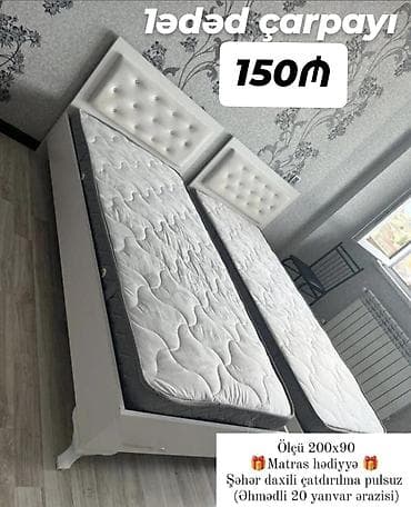 1 ədəd çarpayı – 150₼ - Ölçü: 200×90 sm - Rəng: ağ - Başlıq: düyməli
