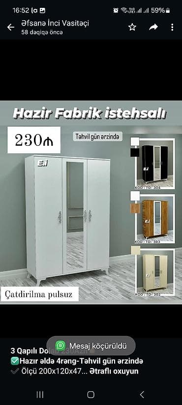 Мебель на заказ: *3 Qapılı Dolab 230Azn💥* *✅Hazır əldə 4rəng-Təhvil gün ərzində* ✔️ — 1