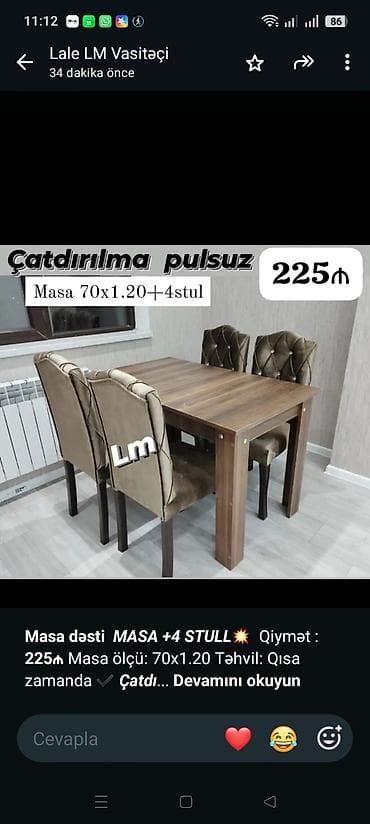 *Masa dəsti* _*MASA +4 STULL💥*_ Qiymət : *225₼* Masa ölçü: 70x1.20