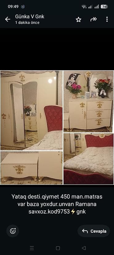 Yataq desti.qiymet 450 man.matras var baza yoxdur.unvan Ramana