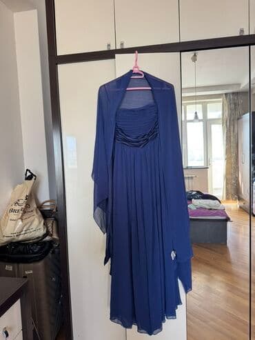 midi məxmər ətəklər: Qadın gecə/libas dəsti 1) Göy rəngli maxi paltar + şifon şal - Göy — 1