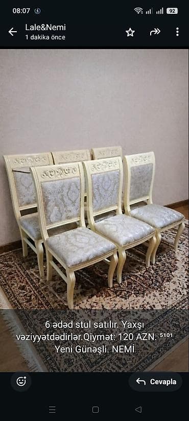 6 ədəd stul satılır. Yaxşı vəziyyətdədirlər.Qiymət: 120 AZN. ⁵¹⁰¹ Yeni