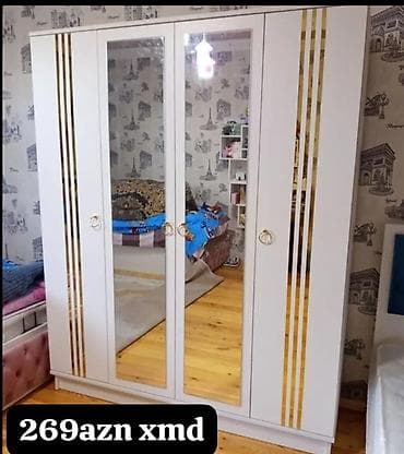 paltar asma: Dörd qapılı aynalı paltar şkafı - Rəng: ağ krem tonlarında, qızılı — 7