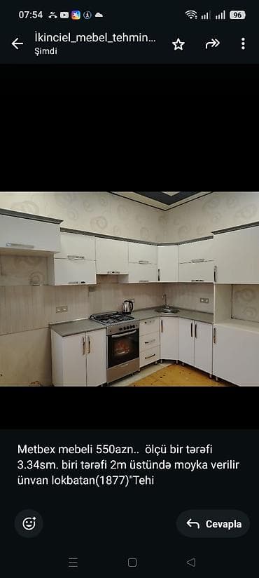 Metbex mebeli 550azn. ölçü bir tərəfi 3.34sm. biri tərəfi 2m