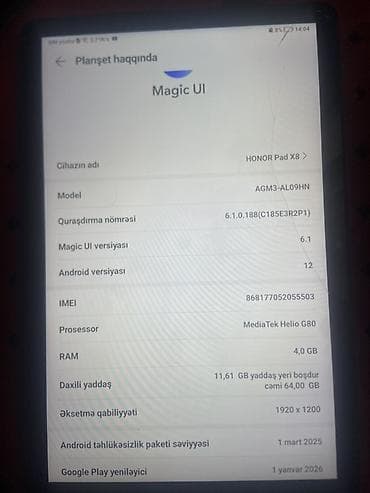 infinix gt 30: HONOR planşet Xüsusiyyətlər: - Brend: HONOR - Korpus: tutqun tünd — 5