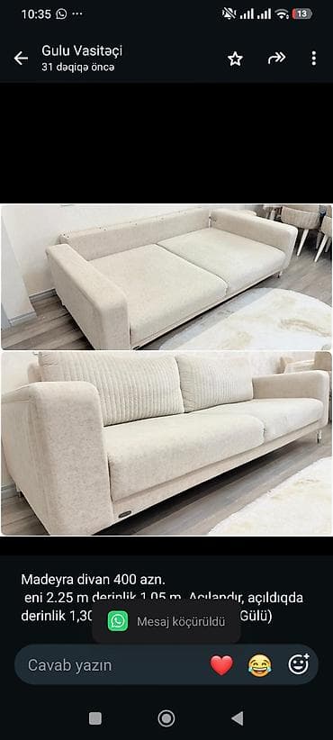 Мебель: Madeyra divan 400 azn. eni 2.25 m derinlik 1,05 m. Açılandır — 1