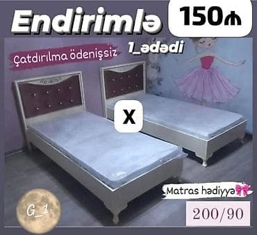 Tək nəfərlik çarpayı modeli, 200x90 sm ölçüdə təqdim olunur. Dəstdə