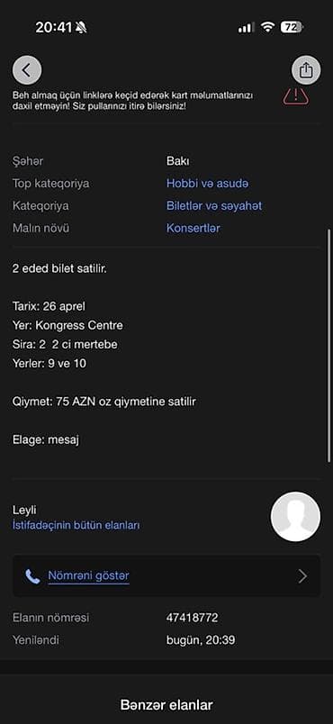 azal bilet qiymətləri: Məhsul: Konsert biletləri (2 ədəd) - Şəhər: Bakı - Kateqoriya: Hobbi — 1