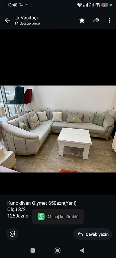 divan satisi: Kunc divan Qiymət 650azn(Yeni) Ölçü 3/2 1250azndir hal hazırda satış — 1