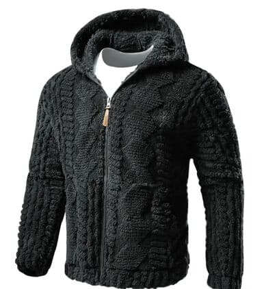 Qara rəngdə kapüşonlu kişi jaketi - Material: yumşaq, tüklü/flis