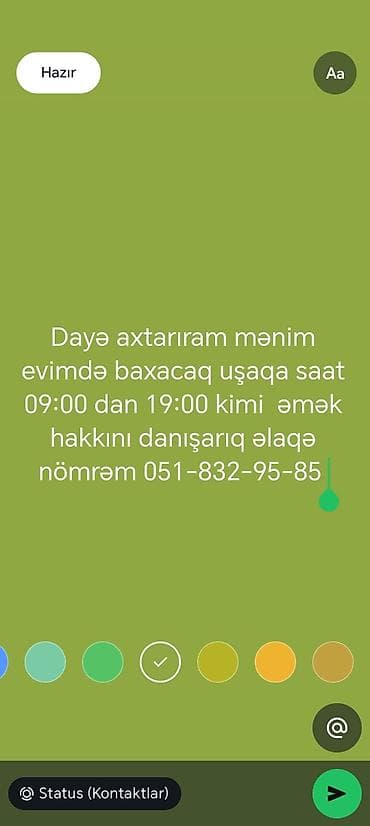 coban axtarilir: Xidmət: Uşaq baxımı üçün dayə axtarılır Təsvir: - İş yeri: ev — 1