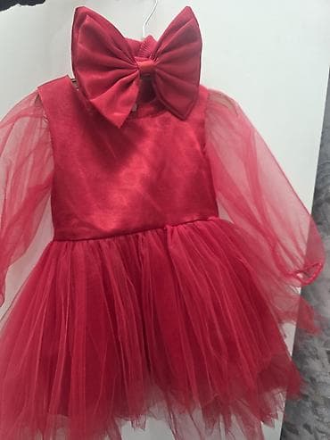 Uşaq üçün qırmızı ziyafət donu və saç lentindən ibarət dəst. - Rəng — 1