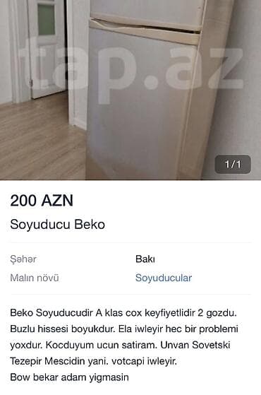 beko: 2 qapılı Beko Soyuducu Satılır, rəng - Ağ — 1