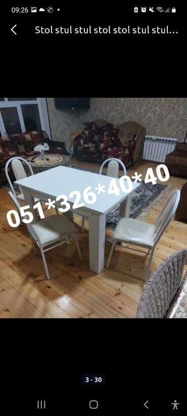 Masa və oturacaq dəstləri: Qonaq otağı üçün, Yeni, Açılan, Dördbucaq masa, 4 stul — 24