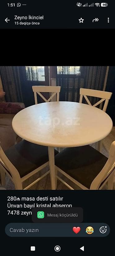 stul bar: 280₼ masa desti satılır
Ünvan bayıl kristal abşeron
7478 zeyno♥️ — 1