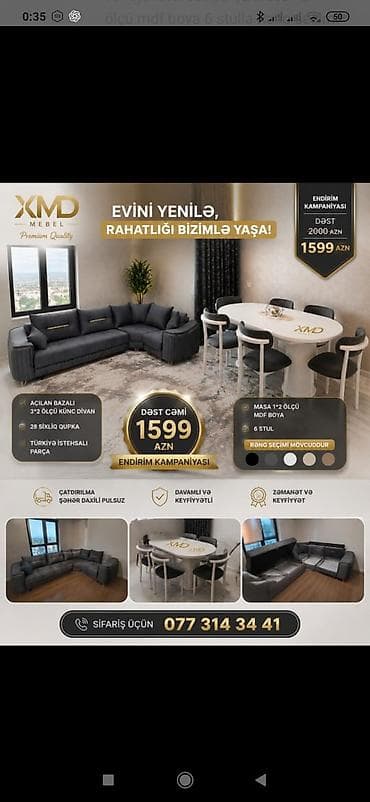 stullar ev ucun: MDF boyalı yemək masası və 6 ədəd stul dəsti - Ölçü: 1×2 m - — 3
